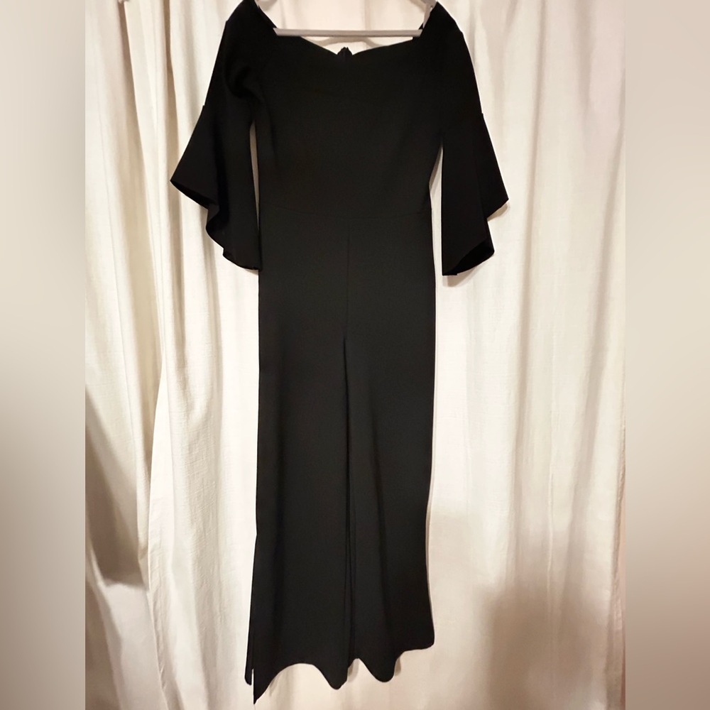 bebe Black‎ Off-Shoulder Wide-Leg Jumpsuit with Fluted Sleeves
